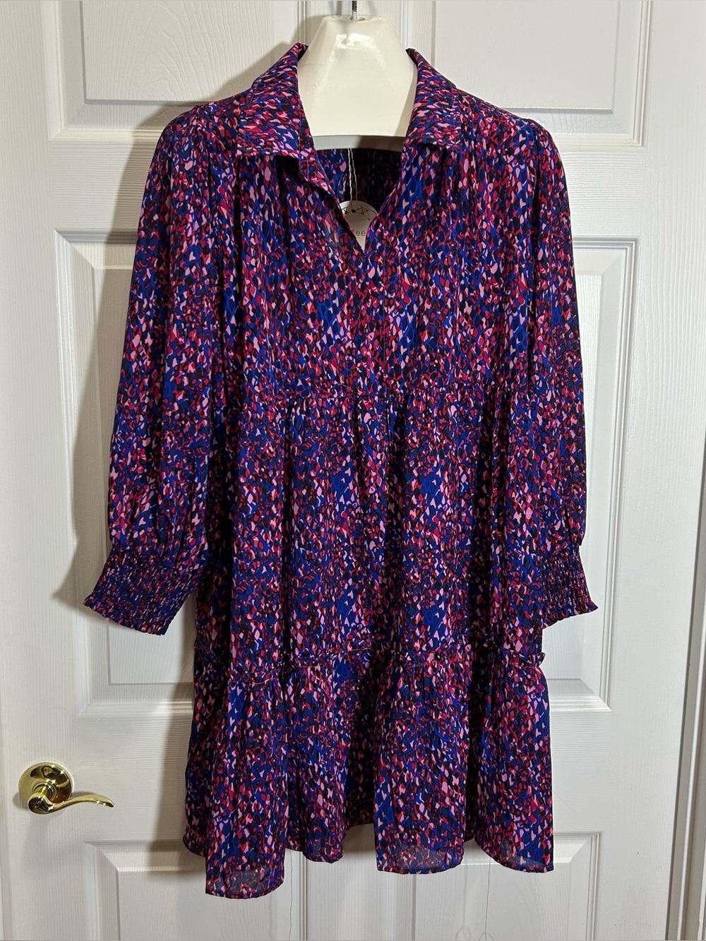 Umgee Purple, Blue & Pink Abstract Tiered Long Sleeve Tunic Dress